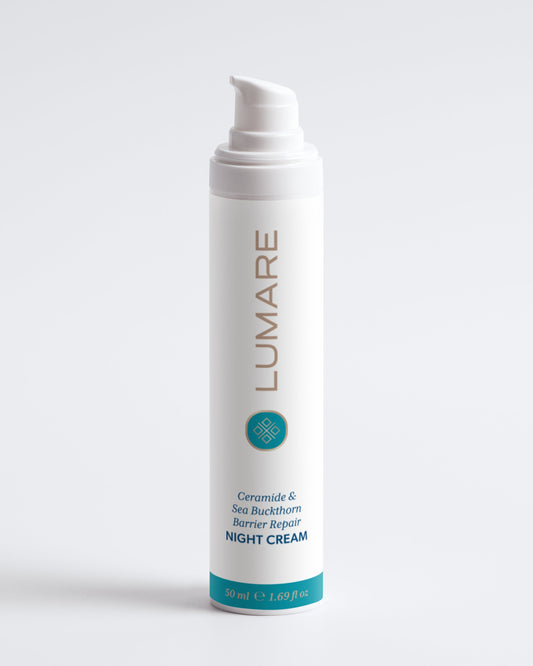 Lumare night cream bottle on a white background