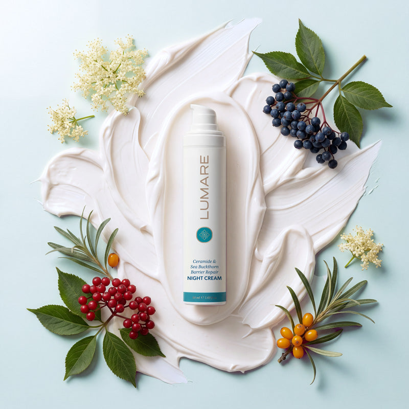 Lumare skincare night cream bottle surrounded by natural elements on a light blue background