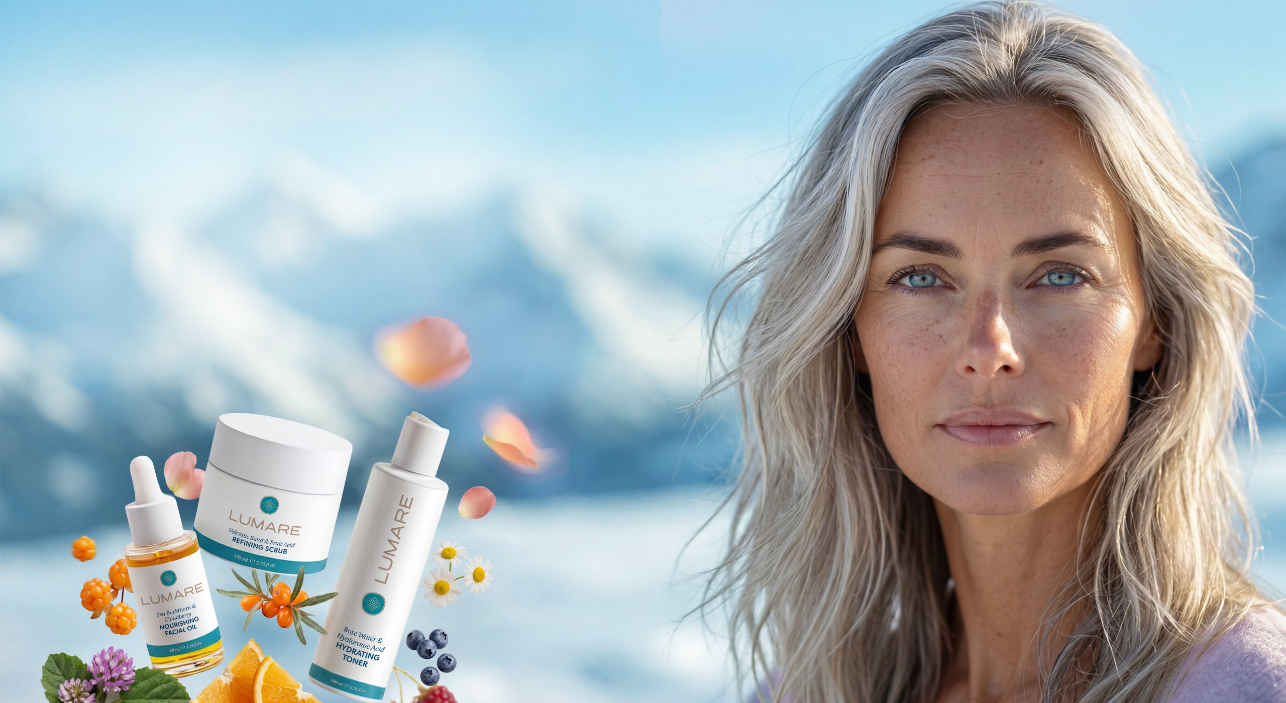 Scandinavian Woman with blonde hair and blue eyes standing outdoors with lumare skincare products displayed.